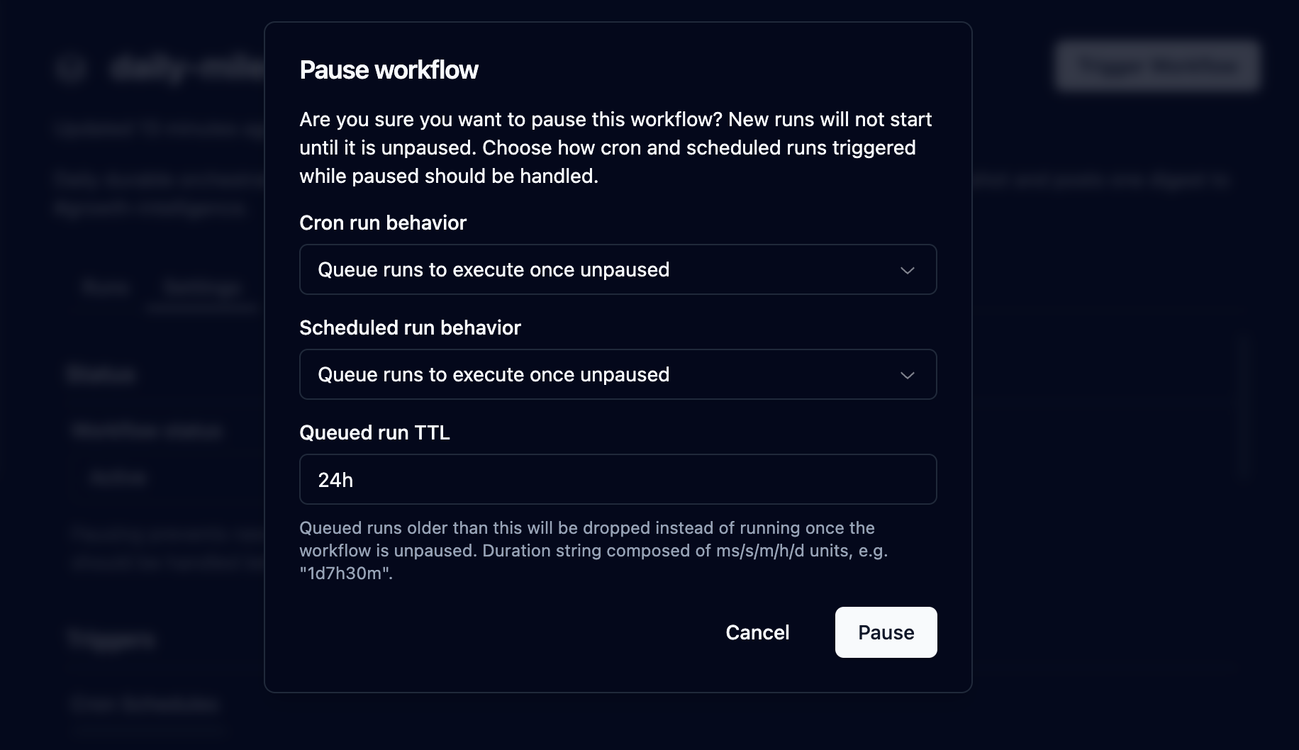 Pause workflow confirmation modal