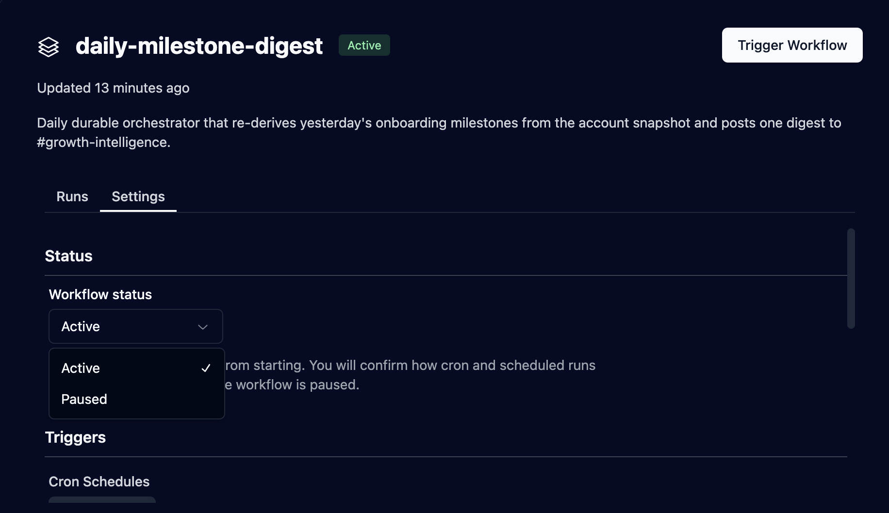 Workflow status dropdown in the Settings tab